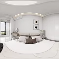 Modern Bedroom Interior Design With White Walls Framed Art Vanity Mirror And Bookshelf