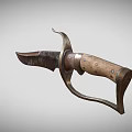 Rustic Serrated Blade Knife Featuring Wooden Handle And Curved Metal Hand Guard