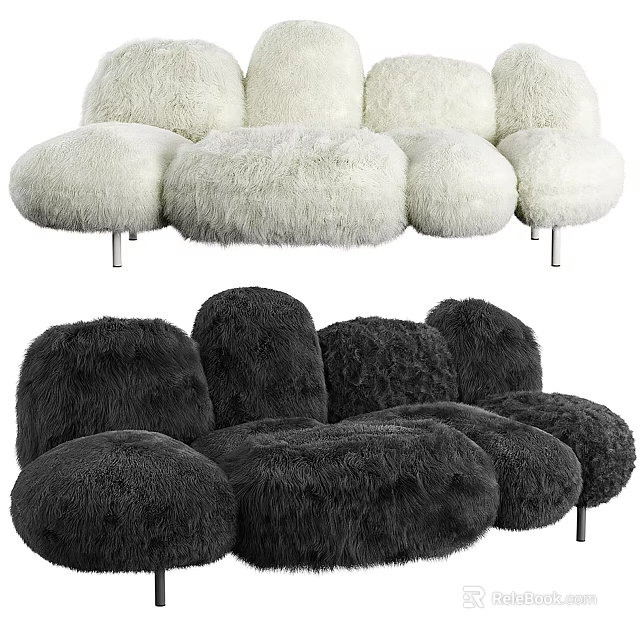 Fluffy Black And White Sectional Sofa With Multiple Seats Soft Texture And Metal Legs 3d model 