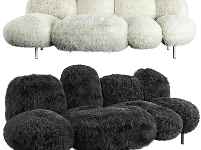 Fluffy Black And White Sectional Sofa With Multiple Seats Soft Texture And Metal Legs 3d model