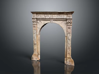 Stone Fireplace Mantel With Carved Arch Design And Intricate Decorative Details 3d model