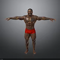 Muscular Man in Red Shorts with Arms Outstretched Showcasing Fit Physique on Gray Gradient Background