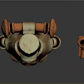Mechanical Robot Character With Red Orb And Wooden Head Next To Staff