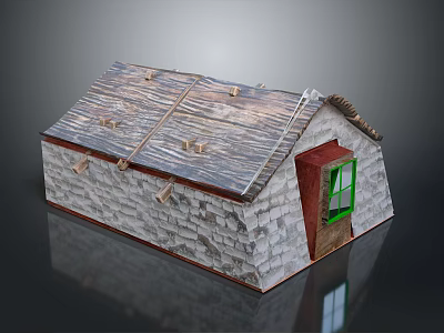 Small Stone Cottage Model With Red Door Green Window And Gray Roof 3d model