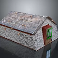 Small Stone Cottage Model With Red Door Green Window And Gray Roof