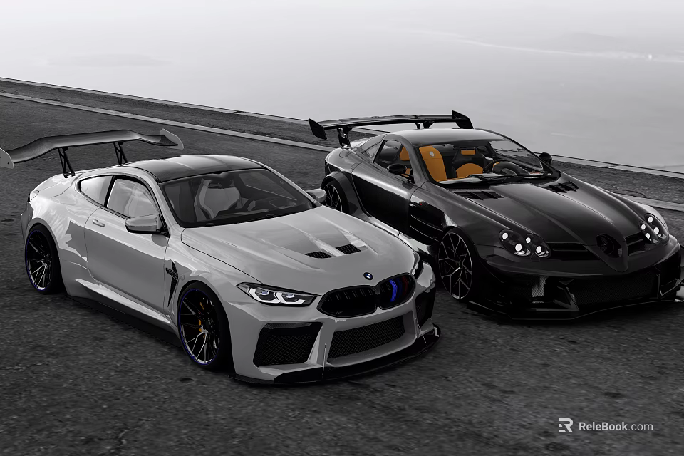 Two White And Black Sports Cars With Rear Spoilers Parked On Road With Yellow Interior 3d model 