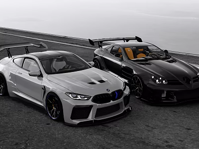 Two White And Black Sports Cars With Rear Spoilers Parked On Road With Yellow Interior 3d model