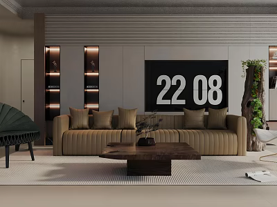 Stylish Living Room With Black Backdrop Decorative Numbers 22 08 Brown Sofa Wooden Coffee Table 3d model
