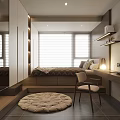 Tatami Bedroom Interior Design With Platform Bed Sliding Window Wooden Desk And Round Rug
