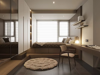 Tatami Bedroom Interior Design With Platform Bed Sliding Window Wooden Desk And Round Rug 3d model
