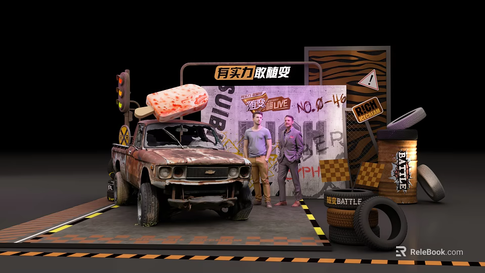 Rusty Old Truck With Two Men Standing Near Treasure Hunt Battle Event Setup 3d model 