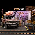 Rusty Old Truck With Two Men Standing Near Treasure Hunt Battle Event Setup