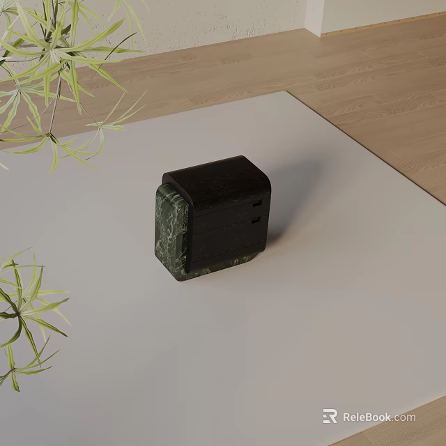 Black Side Table With Marble Texture Near Green Plant On Light Mat 3d model