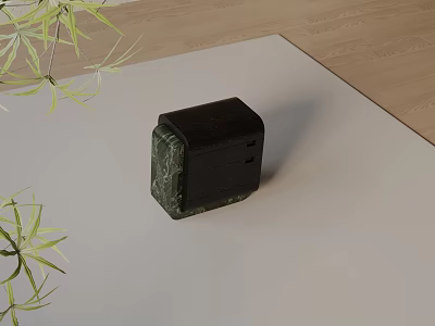 Black Side Table With Marble Texture Near Green Plant On Light Mat 3d model