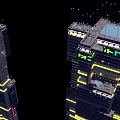 Futuristic Architecture Tall Buildings With Irregular Stacked Design Exterior Yellow Purple Lights