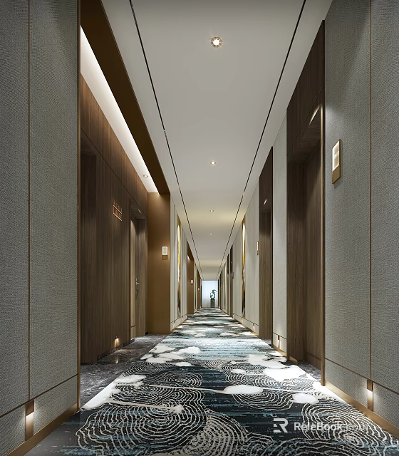 Modern Hotel Corridor Design With Wooden Panels Gray Walls Patterned Carpet And Ceiling Lights 3d model 