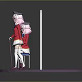 Anime Character Figurines in Red Coats and White Skirts with Hats on Pink Display Stand