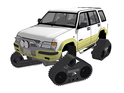 White and Yellow SUV Equipped with Tracked Wheels for Off Road Adventures 3d model