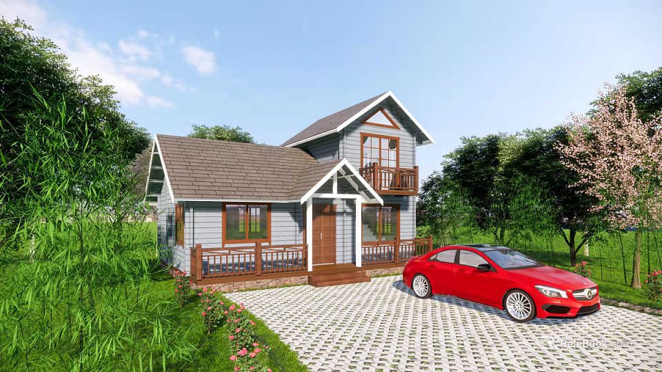 Detached Villa With Gray Exterior Brown Roof Balcony Porch Red Car In Green Lawn 3d model 