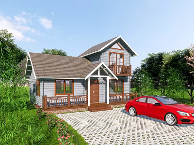 Detached Villa With Gray Exterior Brown Roof Balcony Porch Red Car In Green Lawn 3d model