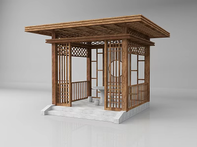 Traditional Wooden Pavilion With Carved Lattice Windows And White Stone Base Design 3d model