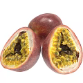 Fresh Passion Fruit With Purple Red Skin Halved Showing Yellow Pulp And Black Seeds