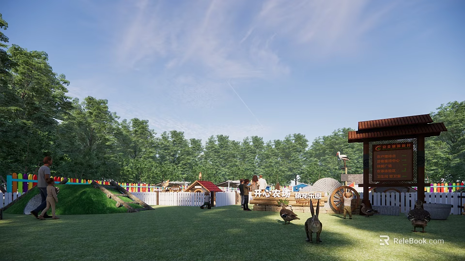Lush Grassy Outdoor Area With Green Trees White Fence Small Tents And Rabbits 3d model 