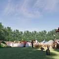 Lush Grassy Outdoor Area With Green Trees White Fence Small Tents And Rabbits