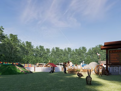 Lush Grassy Outdoor Area With Green Trees White Fence Small Tents And Rabbits 3d model