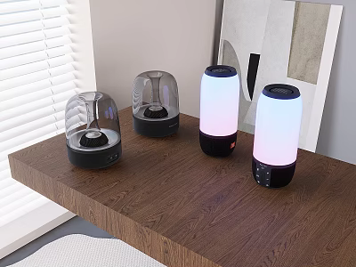 Multiple Desktop Speakers with Transparent Dome and Colorful Lights on Wooden Tabletop Near Window Artwork 3d model