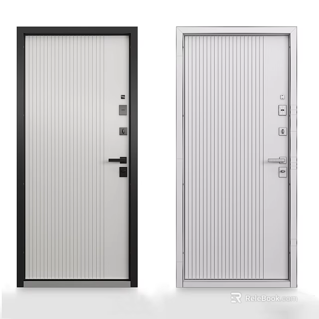 Modern White Swing Door with Vertical Stripes and Black Silver Frames Design 3d model