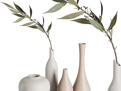 Minimalist Decorative Ornament Set With Ceramic Vases And Green Plant Branches 3d model