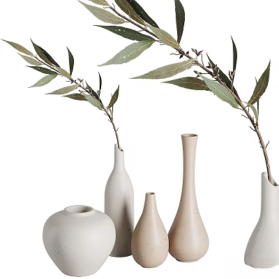 Minimalist Decorative Ornament Set With Ceramic Vases And Green Plant Branches 3d model