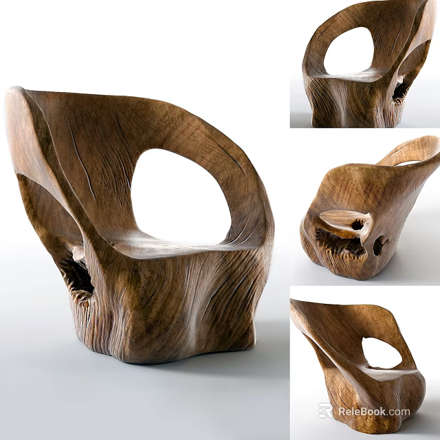 Unique Handcrafted Wooden Single Chair With Natural Grain And Carved Design 3d model 