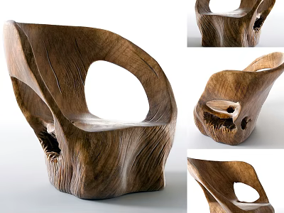 Unique Handcrafted Wooden Single Chair With Natural Grain And Carved Design 3d model