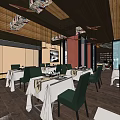 Elegant Restaurant Interior With Green Chairs White Tablecloths Decorative Ceiling Fans And Wooden Ceiling