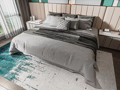 Modern Double Bed with Grey Bedspread Striped Detail Patterned Pillow and Blue White Area Rug 3d model