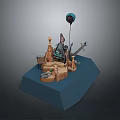 Creative Diorama Scene Model With Blue Base Castle Structure Sign Number 5 And Balloon 3d model