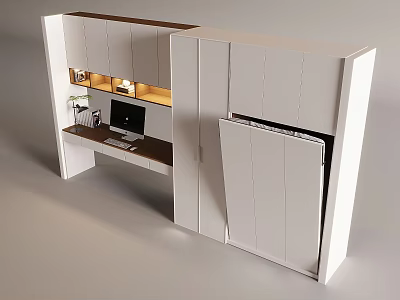Modern Multifunctional White Wardrobe With Desk Computer And Storage Space Design 3d model