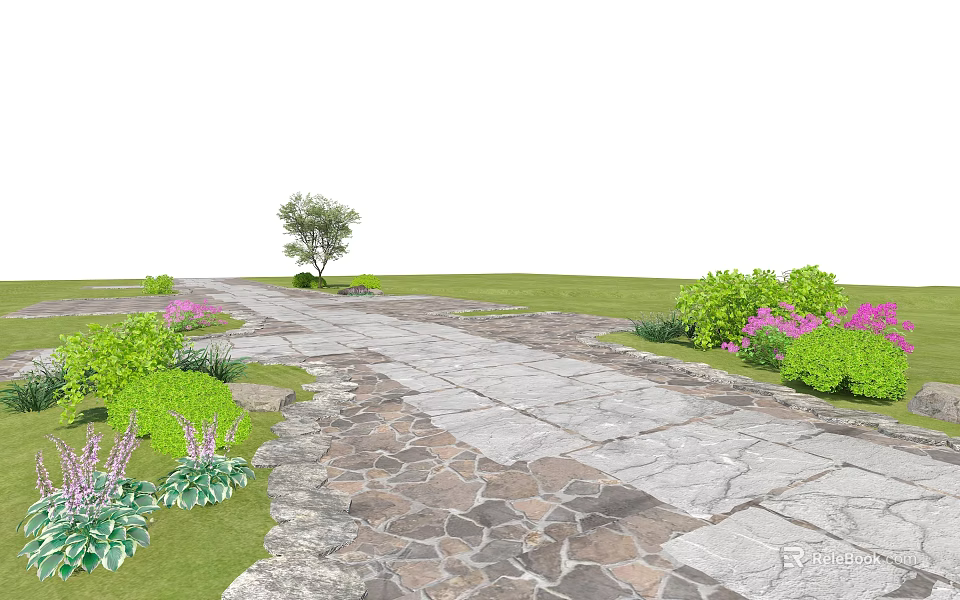 Garden Landscape With Stone Walkway Green Plants Pink Flowers And Tree 3d model 