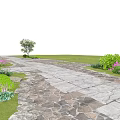 Garden Landscape With Stone Walkway Green Plants Pink Flowers And Tree