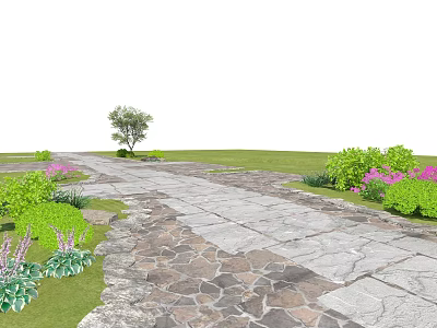 Garden Landscape With Stone Walkway Green Plants Pink Flowers And Tree 3d model
