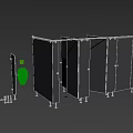 White Toilet in Black Bathroom Stalls with Gray Tile Walls Urinals and Hardware Locks
