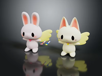 Cute White Rabbit And Cat Shaped Plush Dolls With Yellow Wings And Red Bow 3d model