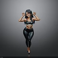 3D Rendered Female Character In Black Sportswear With Raised Hands And Gray Background