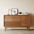 Natural Wood Console Cabinet With Table Lamp Photo Frame Books And Storage Drawers