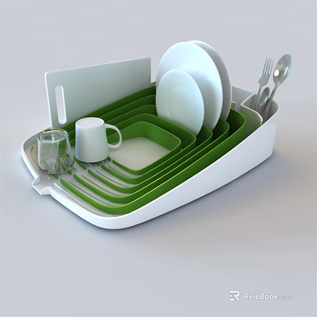 Green and White Tableware Set with Plates Bowls Mug Glass Utensils Cutting Board in Tray 3d model 