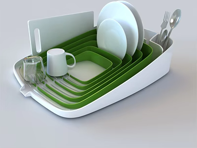 Green and White Tableware Set with Plates Bowls Mug Glass Utensils Cutting Board in Tray 3d model
