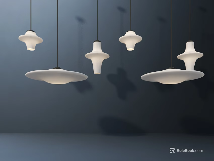 Modern White Pendant Lights With Unique Shapes And Shadow Effects On Dark Background 3d model