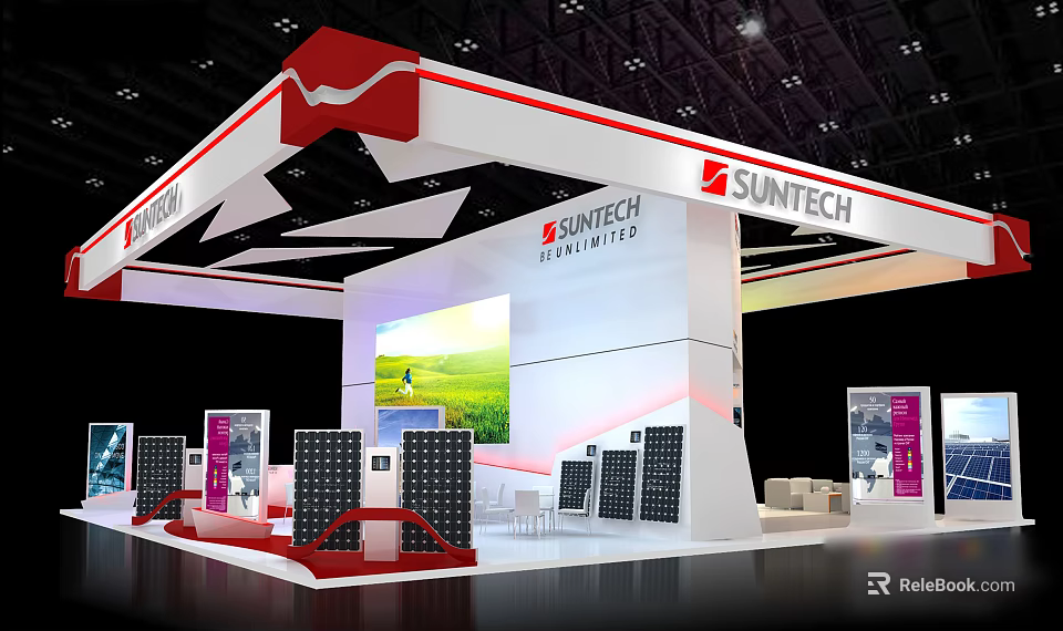 SUNTECH Exhibition Booth Red White Design With Top Logo Large Screen And Green Field 3d model 